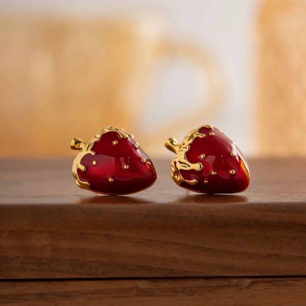 18K Gold Plated Romantic Strawberry Stud Earrings - Picture 7 of 8
